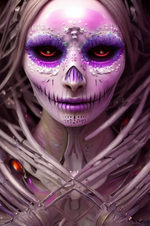 Prompt: ultra detailed, ethereal closeup photo of female android, flowerpunk, sharp focus, no blur, studio photo, floodlight, fantasy art, octane render, unreal engine, dia de los muertos, photorealistic concept art, triadic color scheme, art by artgerm and wlop and giger and greg rutkowski and alphonse mucha, 8 k