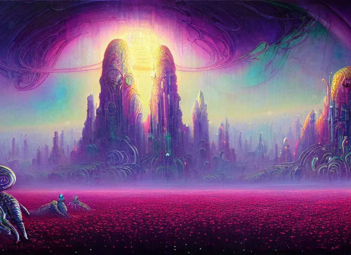 Image similar to a beautiful painting of a large alien city shrouded by mystic nebula magic in a field of flowers by moebius and android jones, oil on canvas sharp, details, hyper - detailed, hd, hdr, 4 k, 8 k