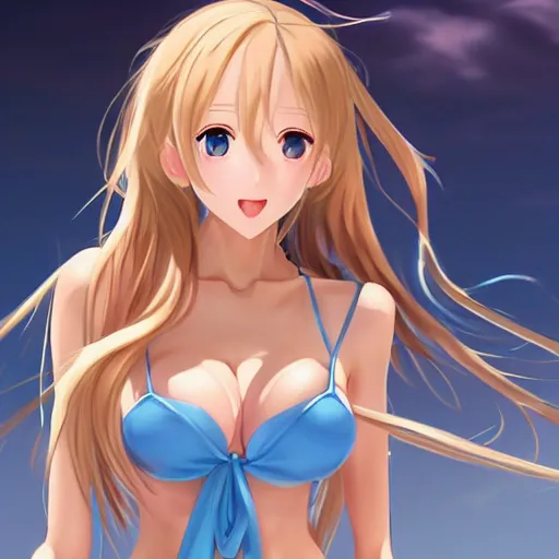 Prompt: a very beautiful mature yuuki asuna, full body, long wavy blond hair, sky blue eyes, full round face, bikini, miniskirt, front view, mid - shot, highly detailed, cinematic wallpaper by stanley artgerm lau