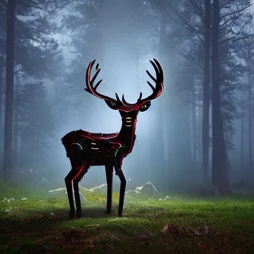 Image similar to a robot deer standing in the woods, digital art, cinematic lighting, epic composition, highly detailed