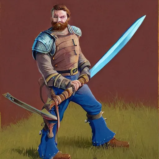 Image similar to hardwon surefoot, hirsute epic level dnd human fighter, wielding a magical sword, wearing magical overalls. thick quads. full character concept art, realistic, high detail digital gouache painting by angus mcbride and michael whelan.