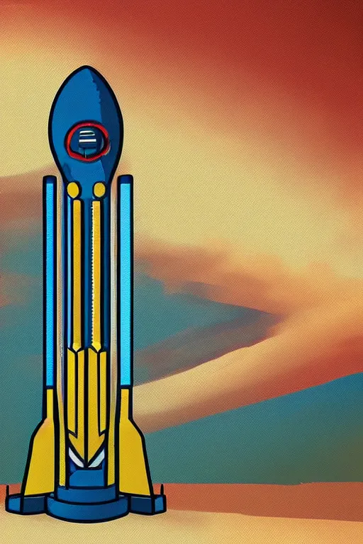 Prompt: digital painting of rocket on launchpad. Art deco style.