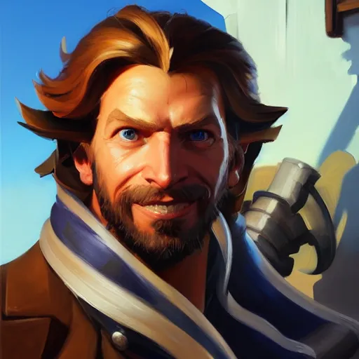 Image similar to Greg Manchess portrait painting o Guybrush Threpwood as Overwatch character, medium shot, asymmetrical, profile picture, Organic Painting, sunny day, Matte Painting, bold shapes, hard edges, street art, trending on artstation, by Huang Guangjian and Gil Elvgren and Sachin Teng