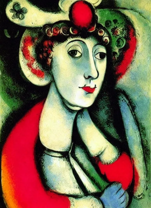 Image similar to portrait of young woman in renaissance dress and renaissance headdress, art by marc chagall