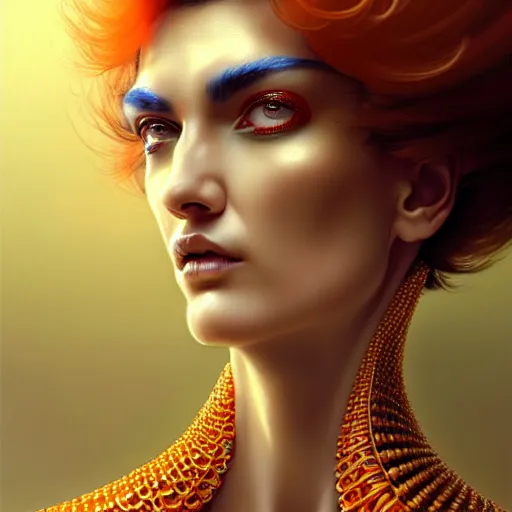Prompt: woman with extremely large and intricate haircut with angry orange eyes and slim features looking askance, eye cyberpunk bionics, retro futurist style, intricate, elegant gleaming intricate baroque jewelry, angelic halo, highly detailed, digital painting, artstation, concept art, smooth, sharp focus, illustration, art by wlop, mars ravelo and greg rutkowski,