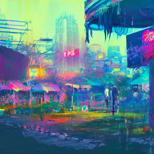 Image similar to acrylic painting, impressionism and expressionism, bold pastel colors. hippie bohemian encampment with a tie - dye tents and a garden. cyberpunk art by liam wong, cgsociety, panfuturism, cityscape, utopian art, anime aesthetic