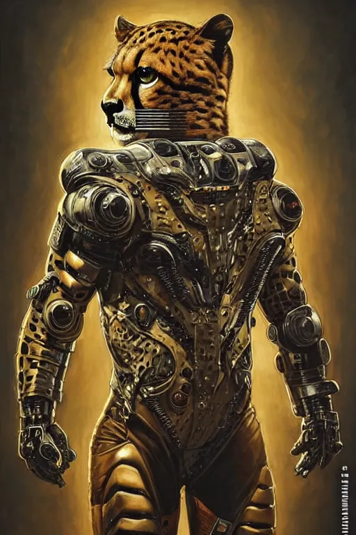 Image similar to a portrait of a muscular anthropomorphic cyberpunk cheetah in spacesuit armor with ensignia on chest plate by sandra chevrier, by jon foster, detailed render, post - processing, extremely hyperdetailed, intricate, epic composition, cybernetics, 4 k realistic, cryengine, realistic shaded lighting, sharp focus, masterpiece, by enki bilal