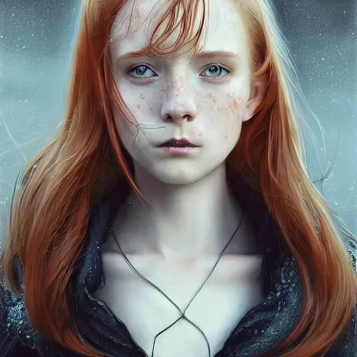 Prompt: a cute 20 year old girl, pale, petite with neck length ginger hair that is middle parted, with freckles, looks annoyed, wearing a black coat by artgerm and wlop and scott fischer and seb mckinnon, digital art, highly detailed, wide shot, intricate, fantasy, mystical, sharp focus, Trending on Artstation HQ, deviantart, unreal engine 5, 4K UHD image