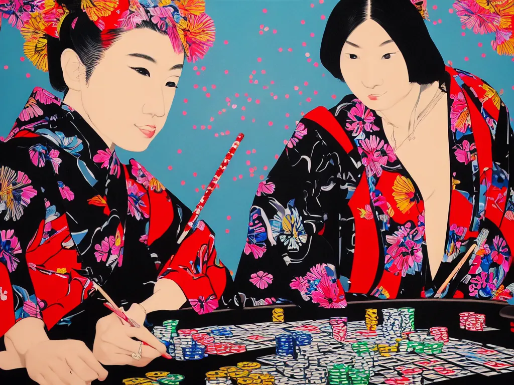 Image similar to hyperrealism composition of the detailed woman in a japanese kimono sitting at an extremely detailed poker table with darth vader, fireworks on the background, pop - art style, jacky tsai style, andy warhol style, acrylic on canvas