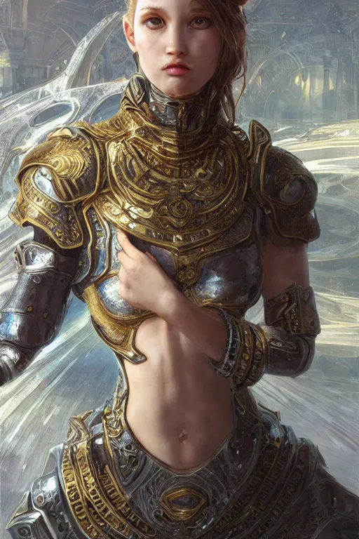 Image similar to portrait knights of Zodiac girl, metallic Silver and ice color reflected armor, in ruined Agora of Athens, ssci-fi, fantasy, intricate, very very beautiful, elegant, golden light, highly detailed, digital painting, artstation, concept art, smooth, sharp focus, illustration, art by WLOP and tian zi and alphonse mucha