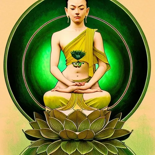 Image similar to delicate buddhist lotus flower emiting mystical light, intricate, elegant, highly detailed, my rendition, digital painting, artstation, concept art, smooth, sharp focus, green color scheme, illustration, art by artgerm and greg rutkowski and alphonse mucha