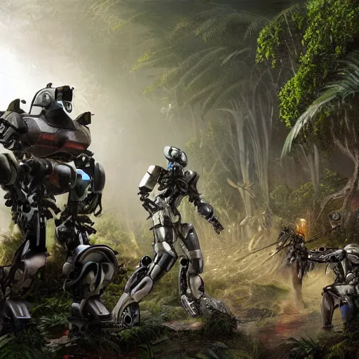Image similar to Ragtag human militia fighting advanced humanoid combat robots in a jungle in 2020, combat photography by Feng Zhu, highly detailed, excellent composition, cinematic concept art, dramatic lighting, trending on ArtStation