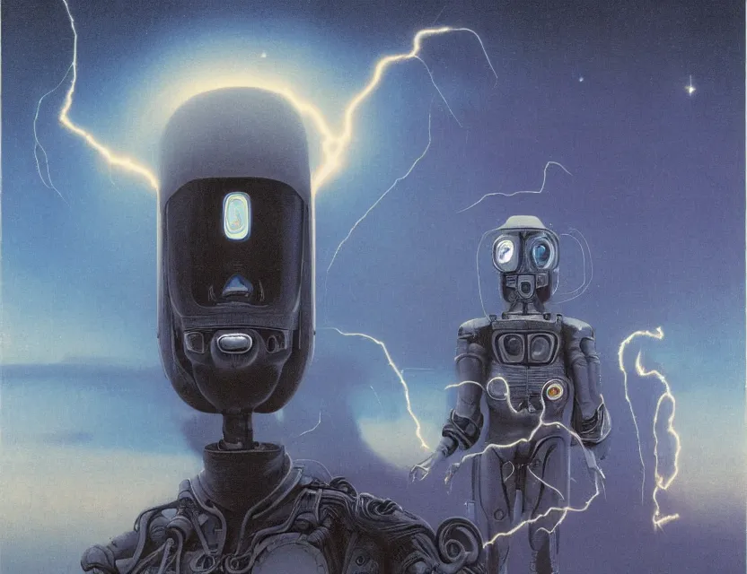 Image similar to a detailed portrait painting of a wizard robot with lazers in the eyes. Head and chest only. Movie scene, cinematic sci-fi scene. Flight suit, cloth and metal, accurate anatomy. portrait symmetrical and science fiction theme with lightning, aurora lighting. clouds and stars. Futurism by beksinski carl spitzweg moebius and tuomas korpi. baroque elements. baroque element. intricate artwork by caravaggio. Oil painting. Trending on artstation. 8k