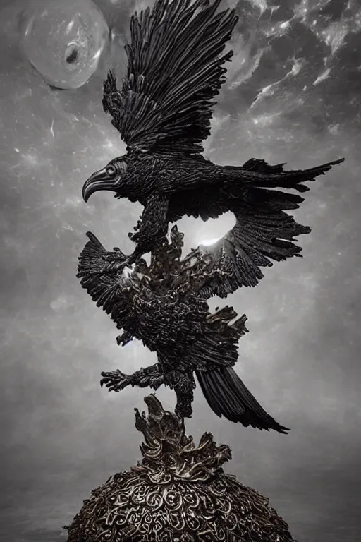 Image similar to Intricate stunning highly detailed raven by agostino arrivabene and Vladimir Kush, metal sculpture, ultra realistic, Horror, dramatic lighting, full moon, blood moon, thick black swirling smoke, volcanic smoke plume, burning fire embers