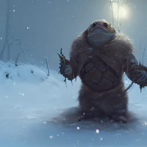 Image similar to anthropomorphic turtle humanoid, carapace, greg rutkowski, blizzard, winter, night, furs, fantasy