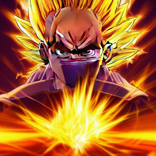 Prompt: portrait of Bernie Sanders from dragon ball z with glowing golden aura flying over a desert field, super saiyan 3, yellow spiky hair, high quality photo