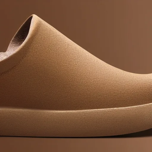 Prompt: a distinctively curved silhouette desert sand color shoe, upper of the shoe is made from a lightweight foam material, which gives the shoe its unique look. the foam material used on the midsole and outsole of the shoe, foam - based slip - on shoe, looks like a crocs, studio lighting, studio portrait