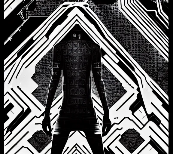 Image similar to a black and white illustration of a cyberpunk netrunner, street level, in the style of (Escher), 4k, 8k, HD, trending on artstation