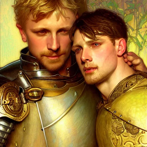 Image similar to attractive arthur pendragon and his attractive male knight, they are in love, natural lighting, path traced, highly detailed, high quality, digital painting, by gaston bussiere, craig mullins, alphonse mucha j. c. leyendecker