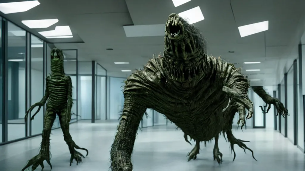 Image similar to the creature in the high tech office building, it is furious, film still from the movie directed by denis villeneuve and david cronenberg with art direction by salvador dali