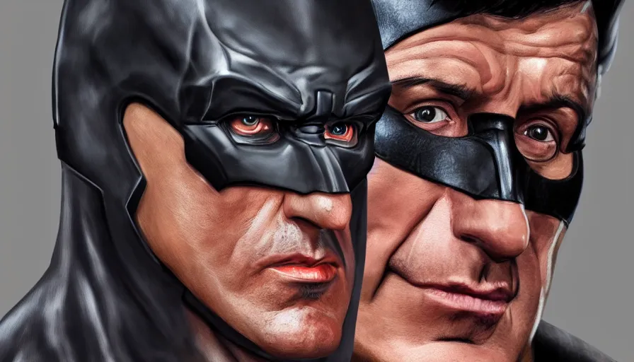 Prompt: Digital painting of Sylvester Stallone as Batman, hyperdetailed, artstation, cgsociety, 8k