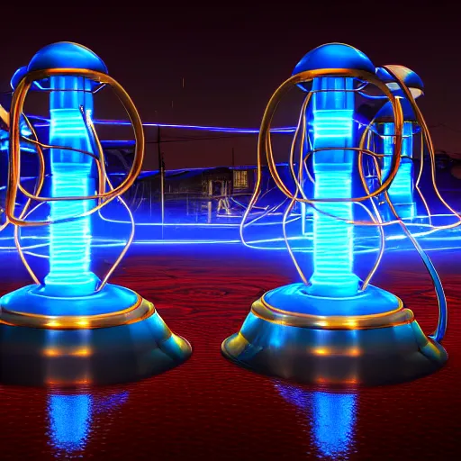 Image similar to photography of a hyper realistic tesla coils, highly detailed blue lighnings arround it. ancient steam punk laboratory background. high detail, professional digital art, unreal engine 5 8 k rendering, stunning, artstation