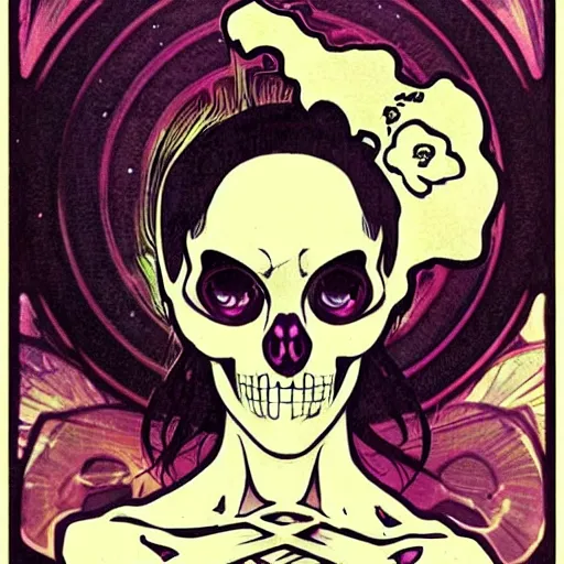 Image similar to anime manga skull portrait girl female skeleton astronaut illustration 80s art frank miller Ditko and alphonse mucha pop art nouveau