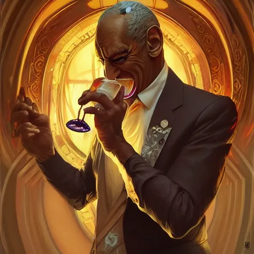 Prompt: horrific menacing cosby mixing drinks, intricate, elegant, highly detailed, digital painting, artstation, concept art, smooth, sharp focus, illustration, art by artgerm and greg rutkowski and alphonse mucha and loish and WLOP