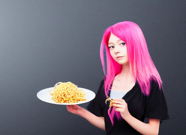 Prompt: anime girl with pink hair eating ramen noodles, black background, detailed face