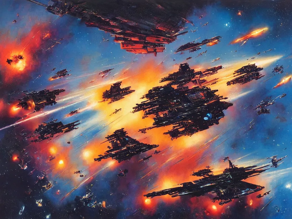 Prompt: attack ships on fire in space by john harris and john berkey, matte, masterpiece, atmospheric, wide angle shot