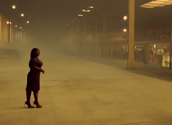 Image similar to cinematic screenshot high wide angle shot of octavia spencer standing outside in a foggy desolate eerie department store empty parking lot, one car, paranoia everywhere, scene from the tense psychological thriller film directed by spike jonze, volumetric hazy lighting, anamorphic lens, moody cinematography, 3 5 mm kodak color ektochrome