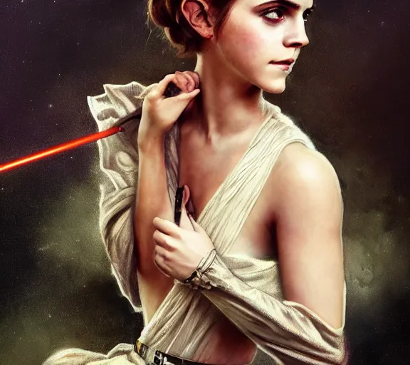 Image similar to photography of a sensual emma watson dressed like princess leia slave girl outfit star wars, deep focus, intricate, elegant, highly detailed, digital painting, artstation, concept art, matte, sharp focus, illustration, art by artgerm and greg rutkowski and alphonse mucha and gil elvgren