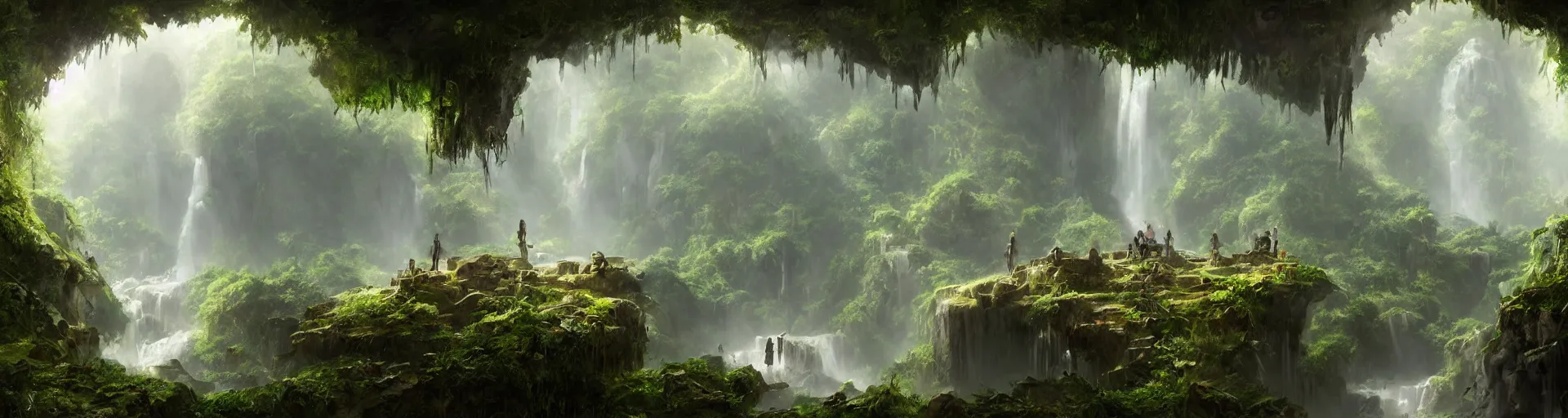 Prompt: a matte painting of a giant crystal skull imbedded in an underground cave , overgrown jungle , waterfalls , gorgeous composition , trending on artstation , in the style of greg rutkowski