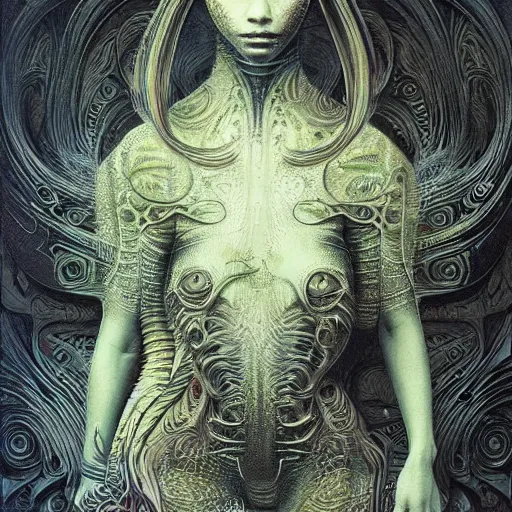 Image similar to ultra realist intricate detailed painting of an attractive alien female and alien male, full body, curvy, black scales, very intricate details, focus, artstyle Beksiński and Hiraku Tanaka, award winning