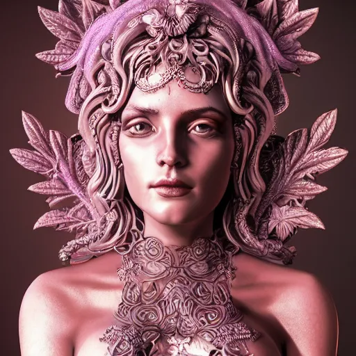 Image similar to Aphrodite Goddess of Love, intricate, portrait, character photography, Incredible purple and black illustration, highly detailed, octane render, 8k, post-processing