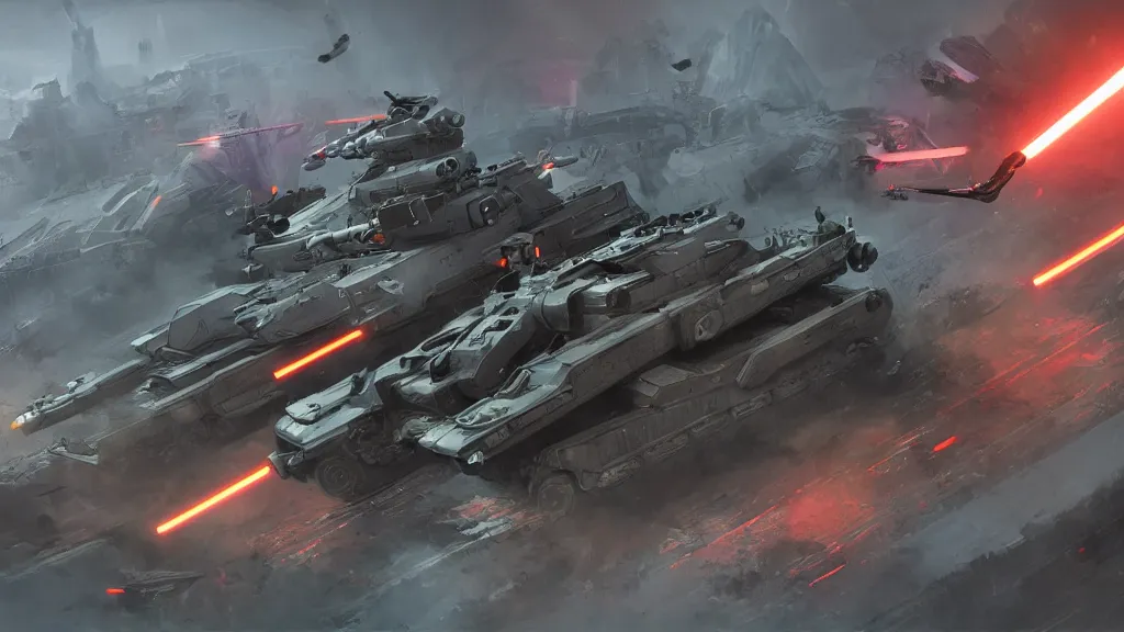 Prompt: a futuristic tank battle, cybernetic, lasers, dark future, hellscape, digital art, trending on artstation