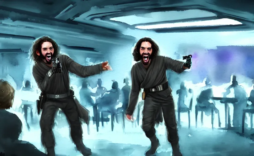 Prompt: an accurate realistic star wars watercolor fantasy concept art of a drug dealer that looks like chris d'elia screaming in a sleazy futuristic bar of coruscant, hq, 4 k