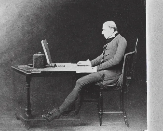 Image similar to an early 1800s photo of someone sitting at a computer looking for good textures to use