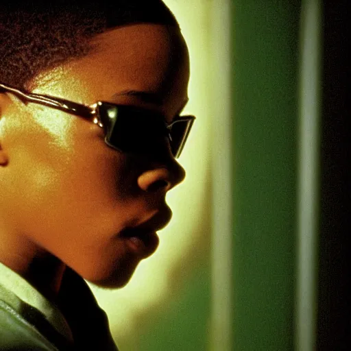 Prompt: a film still of Lil Bow Wow starring in The Matrix (1999), close up, shallow depth of field