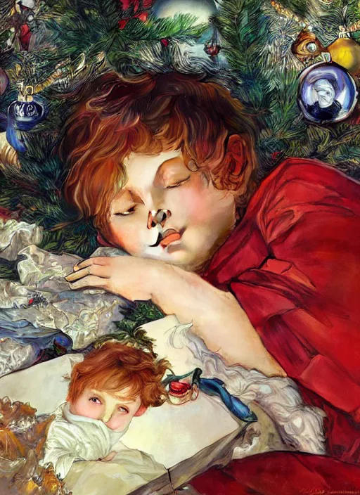 Prompt: four year old boy with short ginger hair, asleep at christmas. surrounded by gifts. high quality detailed face. beautiful painting by artgerm and greg rutkowski and alphonse mucha