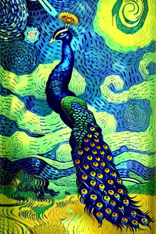 Prompt: the vision of the universal peacock by andrew ferez and vincent van gogh, symbolist, visionary