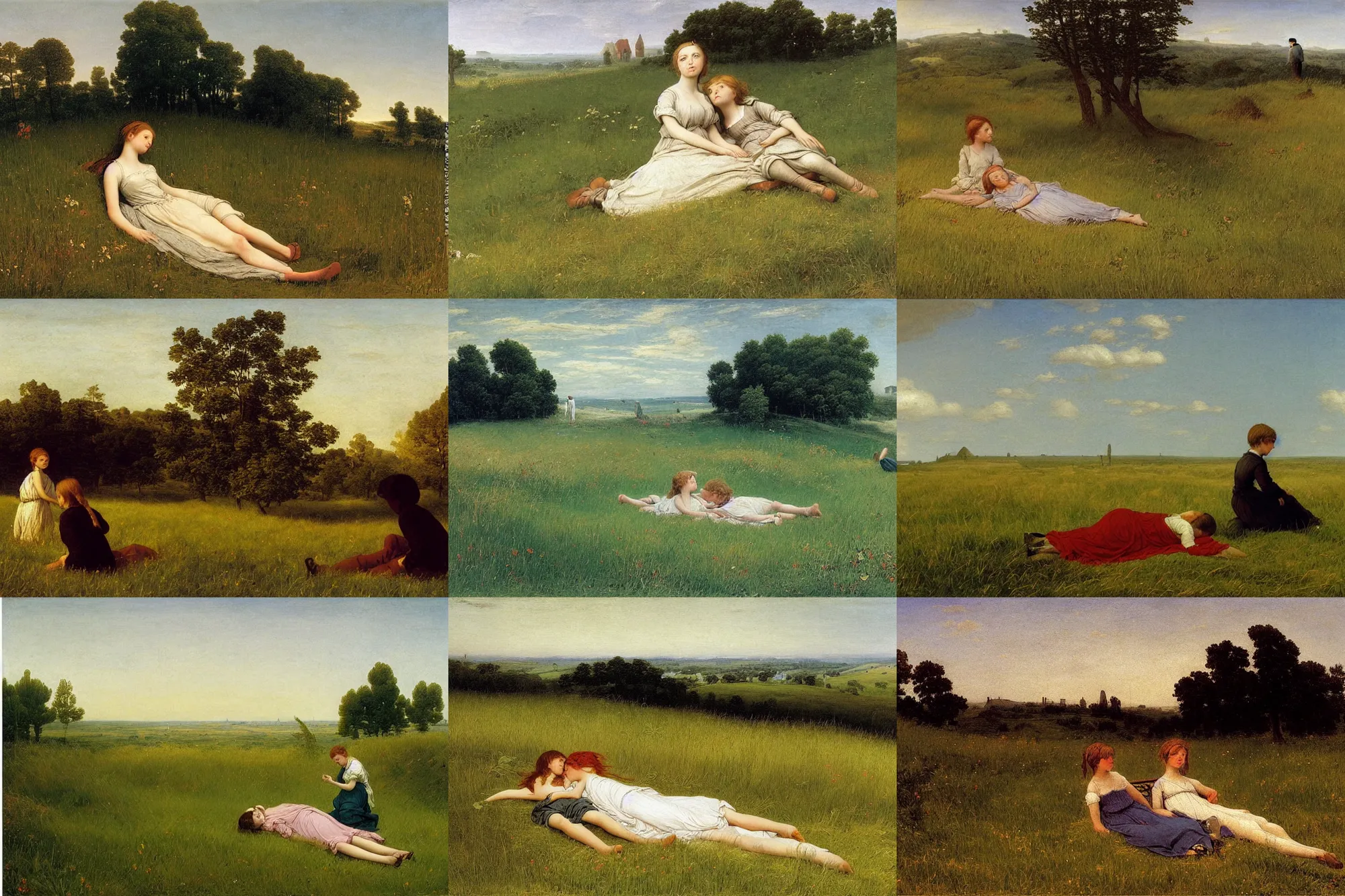 Prompt: a girl and a boy laying on summer field by caspar david friedrich