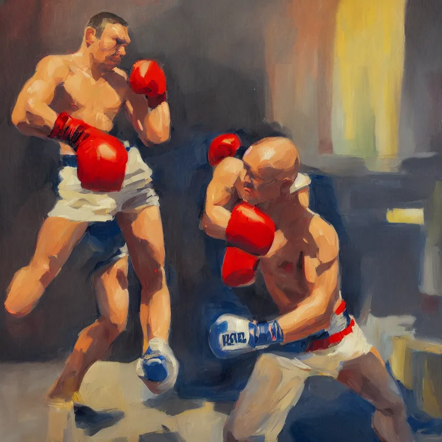 Prompt: a portrait of of boxing man, in the style of edward hopper, in the style of max ginsburg, realism, very small brushstrokes, cinematic lighting, moody, very aesthetic, boxing in an arena, big crowd in the back, flashing lights, blue light, 4 k,