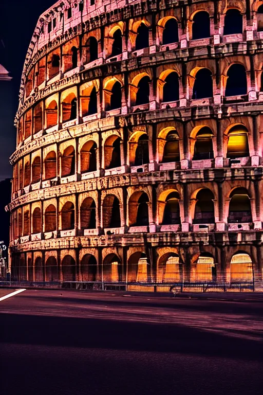 Image similar to neon streets of rome with colosseum in background, 4 k, award winning photo, cyberpunk style