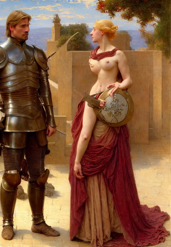 Prompt: attractive handsome fully clothed jaime lannister confesses his love for attractive fully armored brienne of tarth. two knights in love. highly detailed painting by gaston bussiere and j. c. leyendecker and william adolphe bouguereau and fra angelico and octane render, musee d'orsay 8 k