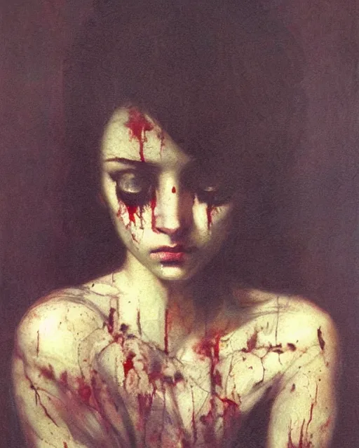 Image similar to a beautiful and eerie baroque painting of a beautiful but creepy girl in layers of fear, with haunted eyes and dark hair piled on her head, 1 9 7 0 s, seventies, wallpaper, a little blood, morning light showing injuries, delicate embellishments, painterly, offset printing technique, by brom, robert henri, walter popp