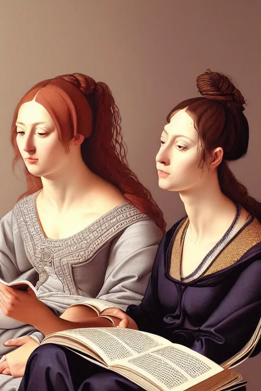 Image similar to portrait of two wise and very beautiful women reviewing some texts, art by tiziano, intricate, elegant, highly detailed, smooth, sharp focus, artstation