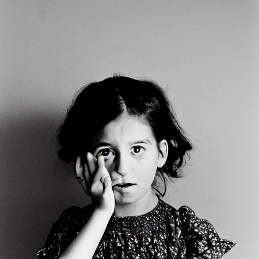 Image similar to wide shot, dark haired 10 year old girl in a pink dress looking at the camera with one hand over her mouth, surprised expression, 1990s bedroom