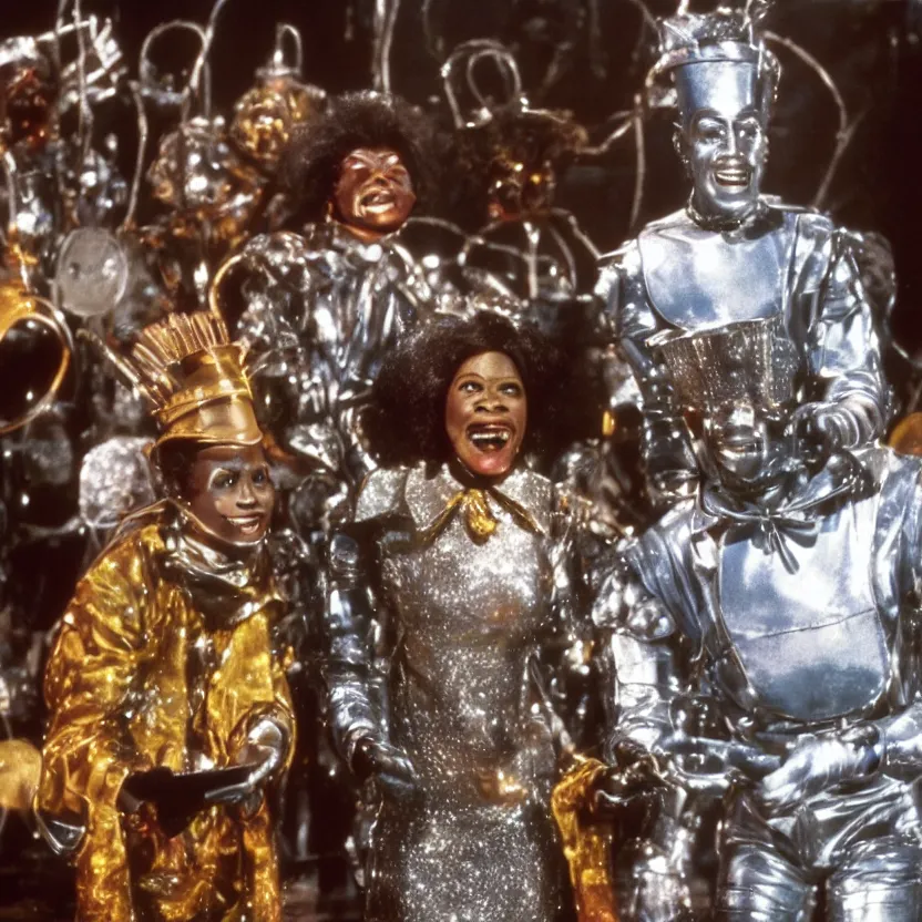 Image similar to a still from the movie the wiz the movie, futuristic cyborg tin man, happy singing & dancing, 4 k, highly detailed, award winning, look at all that detail!
