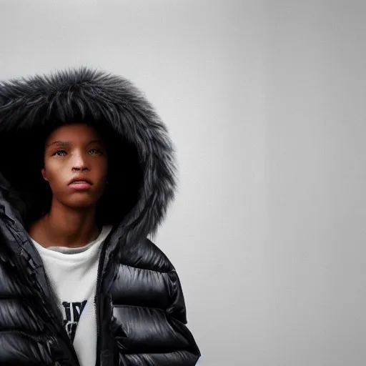 Image similar to realistic! photoshoot for a new balenciaga lookbook, color film photography, portrait of a beautiful woman wearing a puffer jacket, photo in style of tyler mitchell, fisheye lens